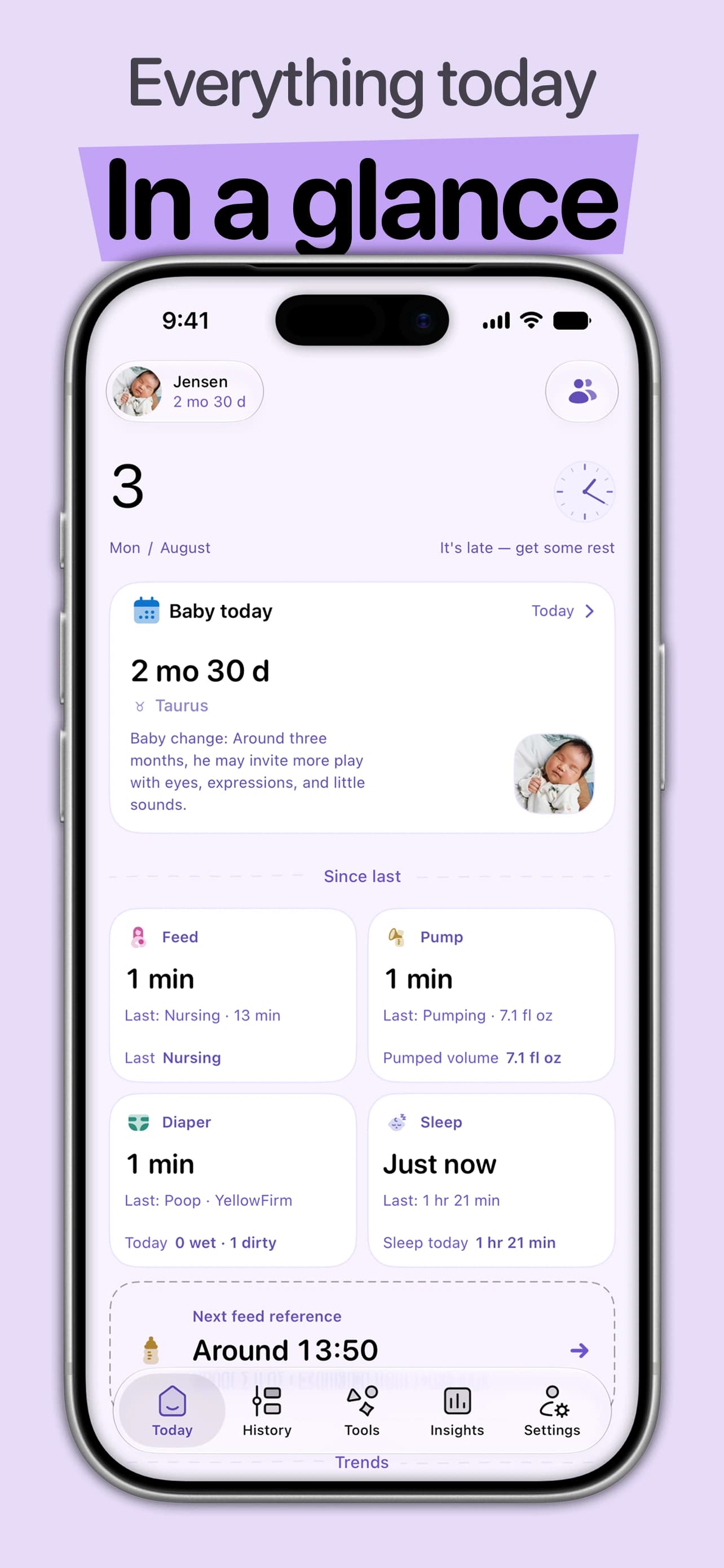 Cali Baby showing recent feeds, sleep, and diaper changes